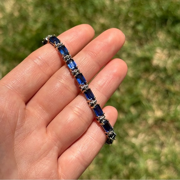 Solid 14k Yellow Gold Sapphire & Diamond Tennis Bracelet - Picture 12 of 16